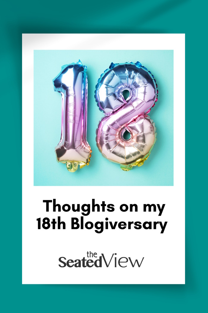 The Seated View Pinterest graphic showing an"18" mylar balloon is rainbow colours. Text: Thoughts on my 18th Blogiversary.