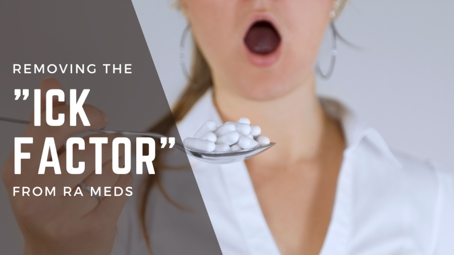 Use these pro tips to get the pills down easier and keep self-injections as painless as possible. Photo showing a spoonful of pills and a blurred woman's face with her mouth open. 