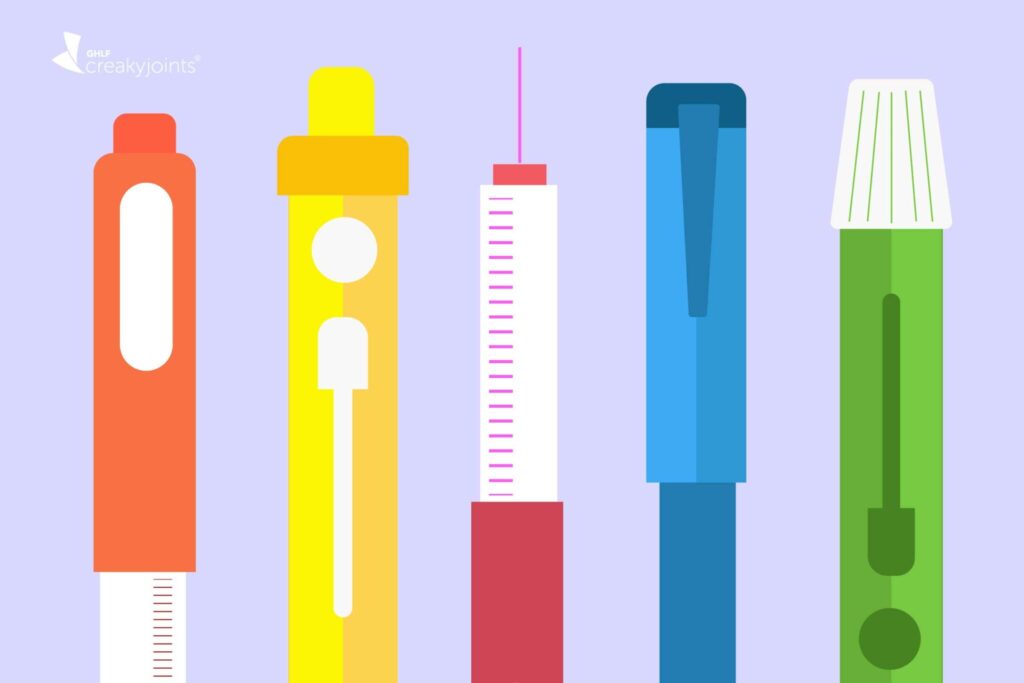 Illustration showing five different self-injectors (syringes and pens)