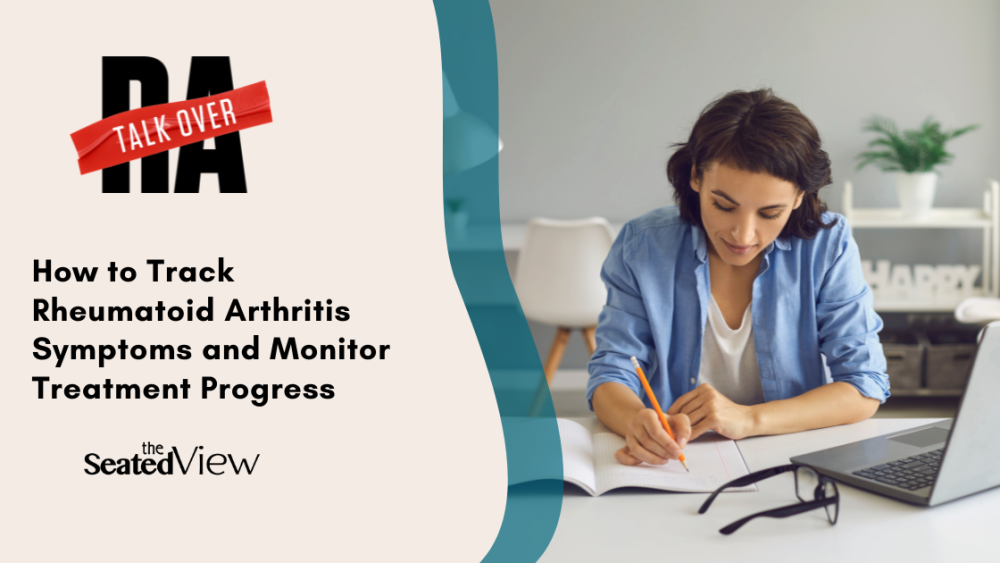 Tracking your RA symptom can clarify your treatment goals and questions and give you the kind of empowerment to insist on being heard by your medical team. A white woman with dark hair is writing in a notebook at a desk. There's a laptop to the right side.