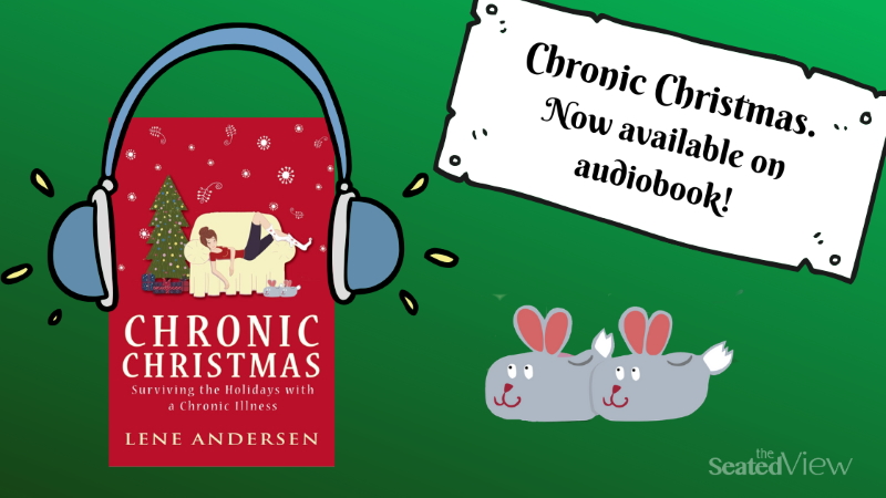 the Chronic Christmas book with earphones and bunny slippers next to it. A label says "Chronic Christmas. Now available in audiobook."