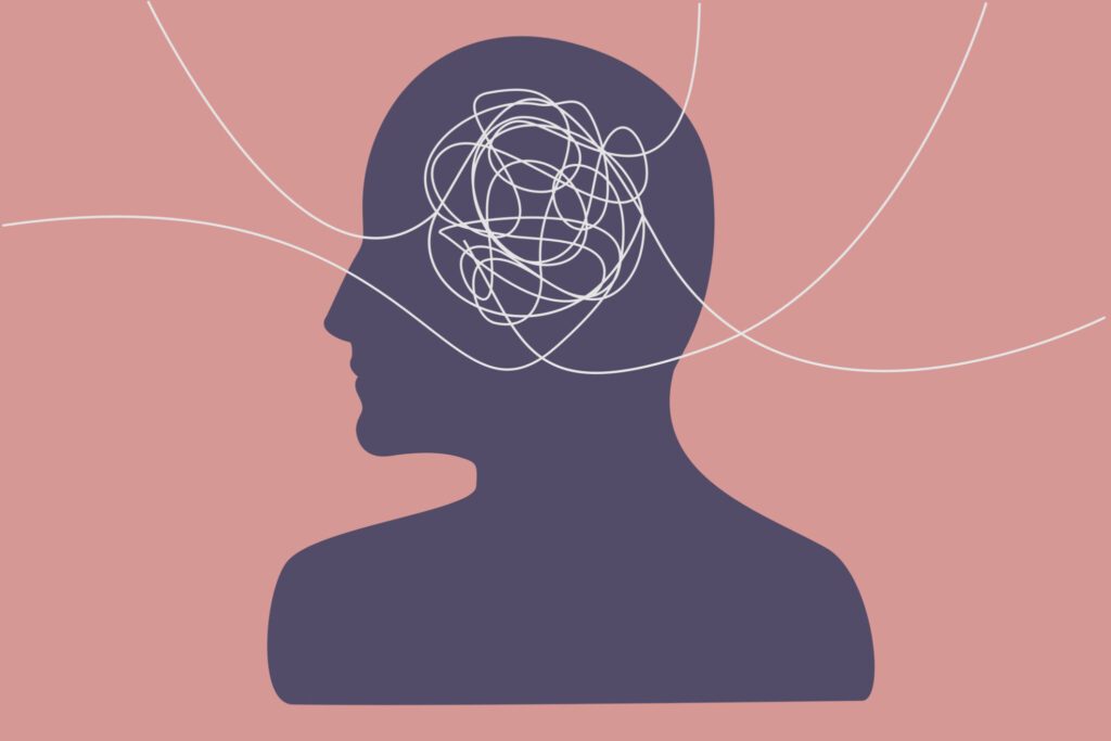 Tangled thoughts, information overload concept. Several lines from different directions that tangle in a person's head, flat illustration. Pain catastrophizing can increase depression, make it harder to distract yourself from pain, and possibly reduce the likelihood of remission. Learn how developing coping skills can help.