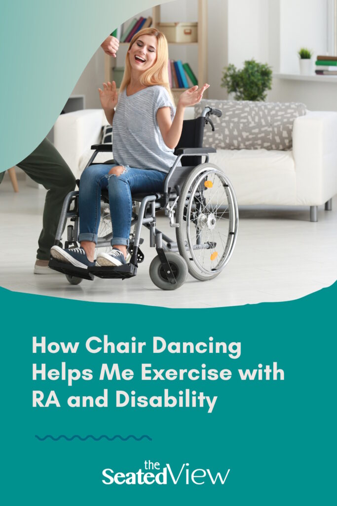 How do you get your body moving when it seems like no matter what you do, the result is a rheumatoid arthritis flare? You dance. More specifically, you Chair Dance. Pinterest graphic showing a man dressed in a great traction and seated in a wheelchair. He's wearing red headphones and dancing. Title: how chair dancing helps me exercise with RA and disability