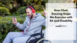 How do you get your body moving when it seems like no matter what you do, the result is a rheumatoid arthritis lare? You dance. More specifically, you Chair Dance.Title graphic showing a man dressed in a great traction and seated in a wheelchair. He's wearing red headphones and dancing. Title: how chair dancing helps me exercise with RA disability