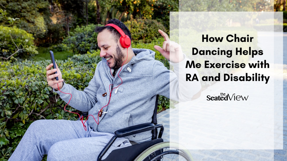 How do you get your body moving when it seems like no matter what you do, the result is a rheumatoid arthritis flare? You dance. More specifically, you Chair Dance.Title graphic showing a man dressed in a great traction and seated in a wheelchair. He's wearing red headphones and dancing. Title: how chair dancing helps me exercise with RA disability