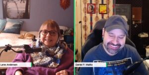 Lene Andersen interviews Daniel P. Malito for Chronic Journeys. Image shows a split screen - Lene is on the left and Dan is on the right, Both are smiling.