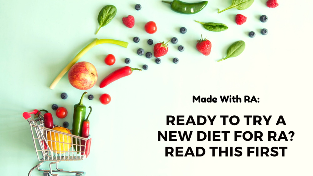 Ready to try a new diet for RA? Read this first. Fruits and vegetables spill out of a grocery cart against a light green background.