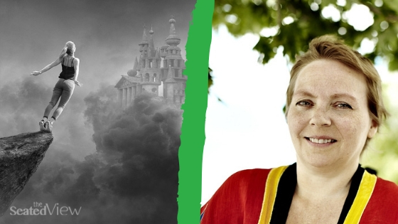 Graphic is split with the jagged green line in the middle. On the left is a black-and-white photo of a woman falling off a cliff, there is a faraway castle surrounded by clouds on the horizon. On the right is a photo of me, white woman with short blond hair sitting outside and smiling. I look like I'm content.