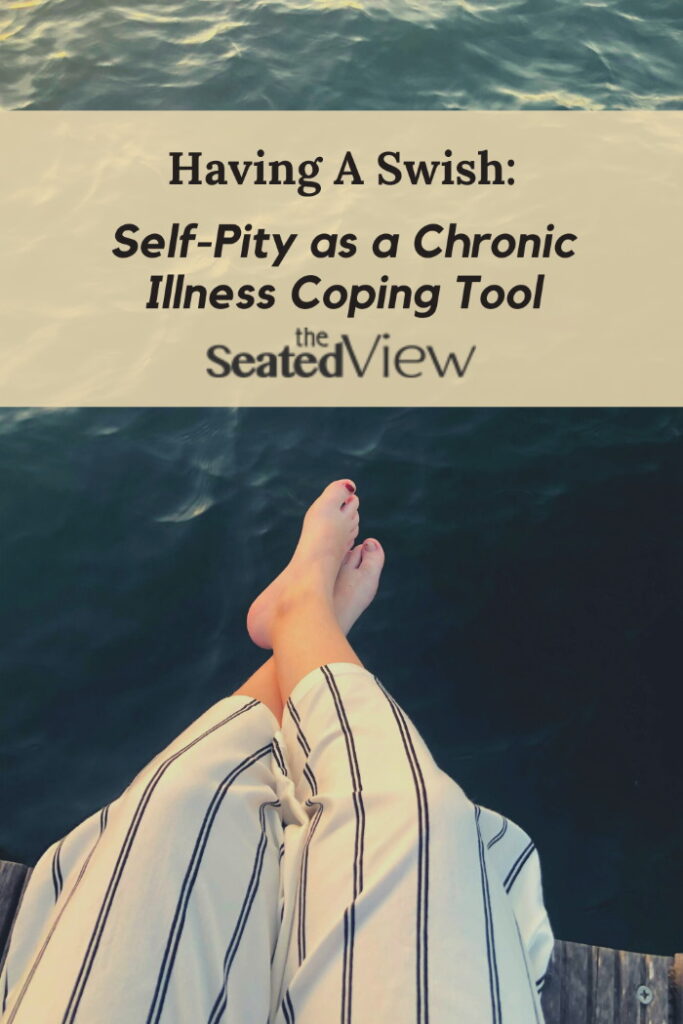 The woman's legs with striped capri pants is sitting on a dock, her feet crossed sat the ankle, against a background of dark blue-green water. Title: Having a Swish:: Self-Pity as a Coping Tool by The Seated View