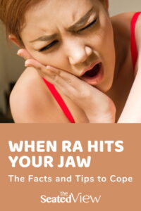 Did you know that headaches, toothaches, and pain around the neck and shoulders could mean that #RheumatoidArthritis is affecting your jaw? The facts of RA-related jaw pain and share tips to cope. A woman in a red tankyop is holding her jaw and grimacing in pain