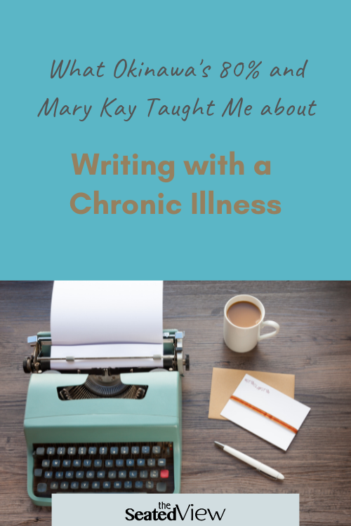 How I discovered a way to get stuff done while respecting my chronig illness and not stressing out. A pinterest graphic showing a turqoise typewriter, a pen and notepad, and a cup of coffee. Title: How Okinawa's 79% and Mary KayTaught Me about Writing with a Chronic Illness