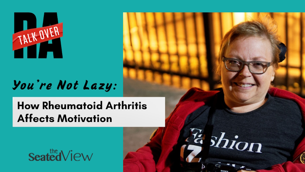 Title graphic, teal background Talk Over RA: You're Not Lazy: How Rheumatoid Arthrutis Affects Motivation. I’m sitting on a feery dock in the evening, yellow lights in the background behind a black metal fence. I’m holding a camera and smiling