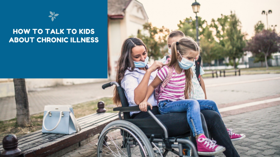 How to Talk to Kids About Chronic Illness It’s OK to embrace their curiosity and indulge the endless questions. A woman seated in a wheelchair has a child on her lap and a second child is standing next to her. They are all wear masks and look like they're having fun.