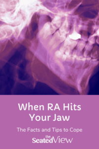 Did you know that headaches, toothaches, and pain around the neck and shoulders could mean that #RheumatoidArthritis is affecting your jaw? The facts of RA-related jaw pain and share tips to cope. A purple x-ray of a skull showing the jaw