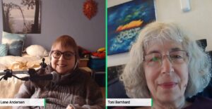 Lene Interviews Toni Bernhard about how to be sick with a chronic illness. The image is a split screen with lene on the left and Toni on the right.