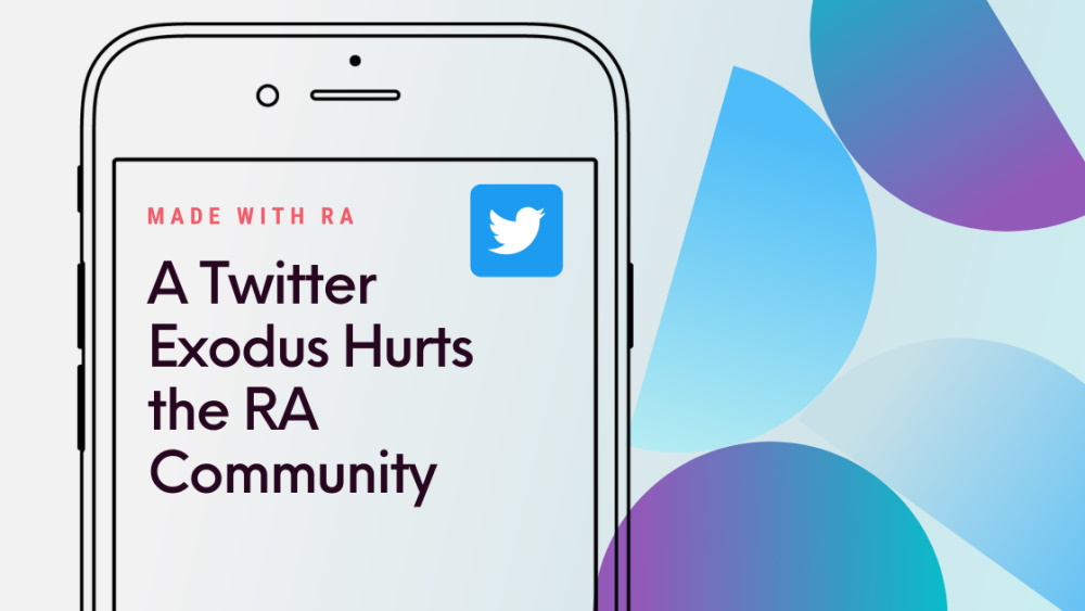 Twitter is essential for people with chronic conditions to connect with reliable information and the latest research. Where will they go if everyone leaves? Title graphic showing a illustrated phone screen with a Twitter logo and the text "Made with RA: a Twitter Exodus Hurts the RA Community." The graphic also shows for half circles that are part Twitter turquoise and purple (the RA awareness colours are blue and purple