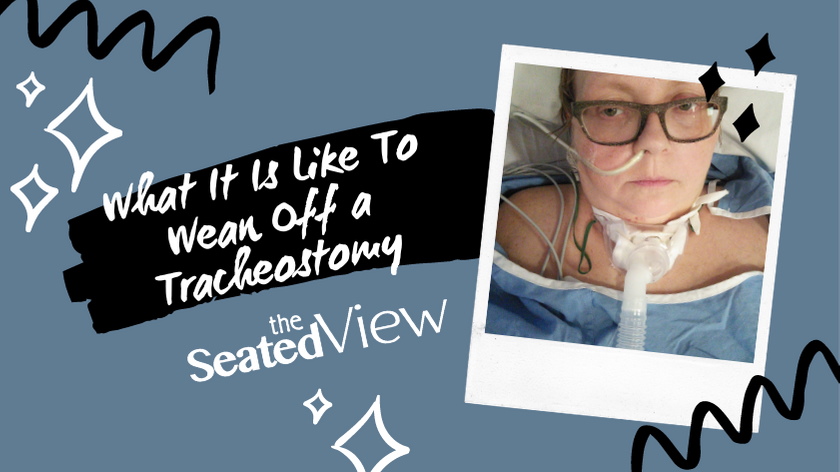 55.	When you’ve have had a tracheostomy while being on a ventilator, you eventually have to wean off it. It’s a staged process, one step at a time to make sure you’re safe. This was how I did it.  Blue-grey field with the post title and a "Polaroid" of Lene in a hospital bed with a tracheostomy
