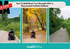 Title graphic with three photos of me in my wheelchair from the back. In each photo, I'm further away. Title: Talk Over RA - How to Build Back Strength After a Rheumatoid Arthritis Setback