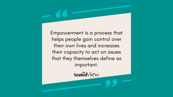 "Empowerment is a process that “helps people gain control over their own lives and increases their capacity to act on issues that they themselves define as important." Quote graphic on a teal background with a sand-coloured text field