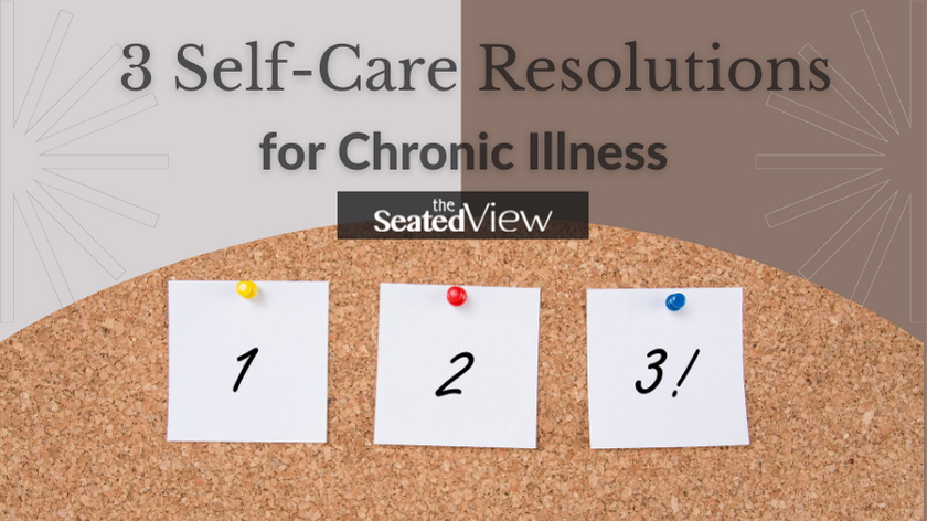 3 self-care resolutions for chronic illness. Three square notes, each with one of the numbers 1 2 3 stuck on a bulletin board.
