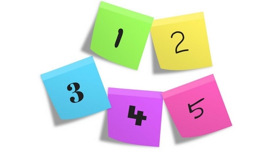 sticky notes with the numbers 1, 2, 3, 4, 5 