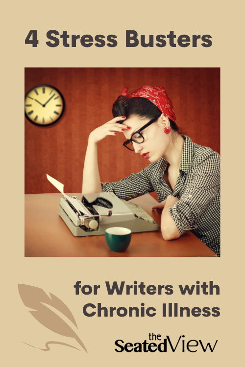 Being a freelance writer with a chronic illness can had a lot of stress. Here's what I did to create structure and boundaries. A pinterest Graphic Shows a Title of the Post "4 Stress Best Is for Writers with Chronic Illness" with a vintage drawing of a woman sitting by a typewriter late at night